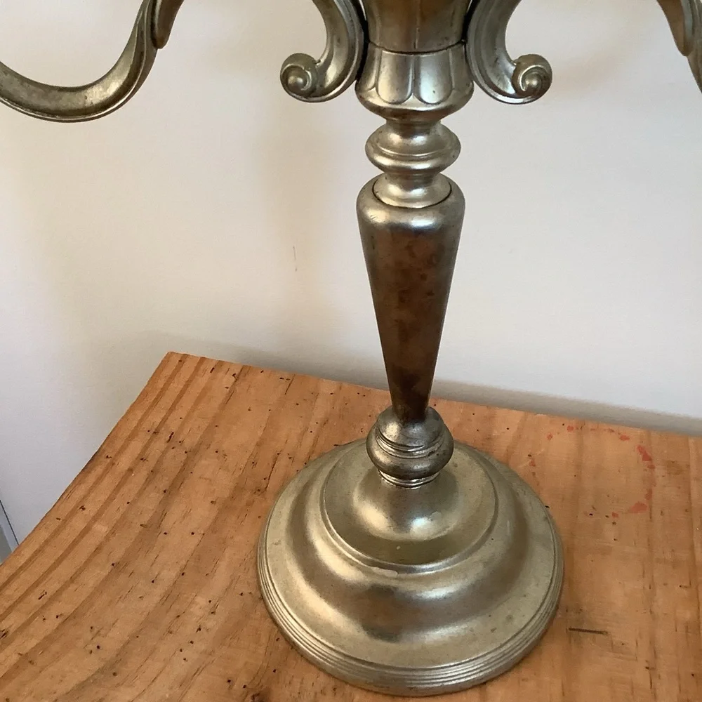 Vintage Antique Large 3 Arm Silvertone Brass Candelabra Candle Stick Ornate